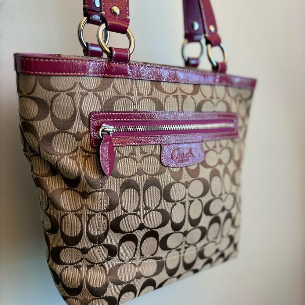 Coach Beige Signature Canvas Tote with Pink Trim - Picture 2 of 8